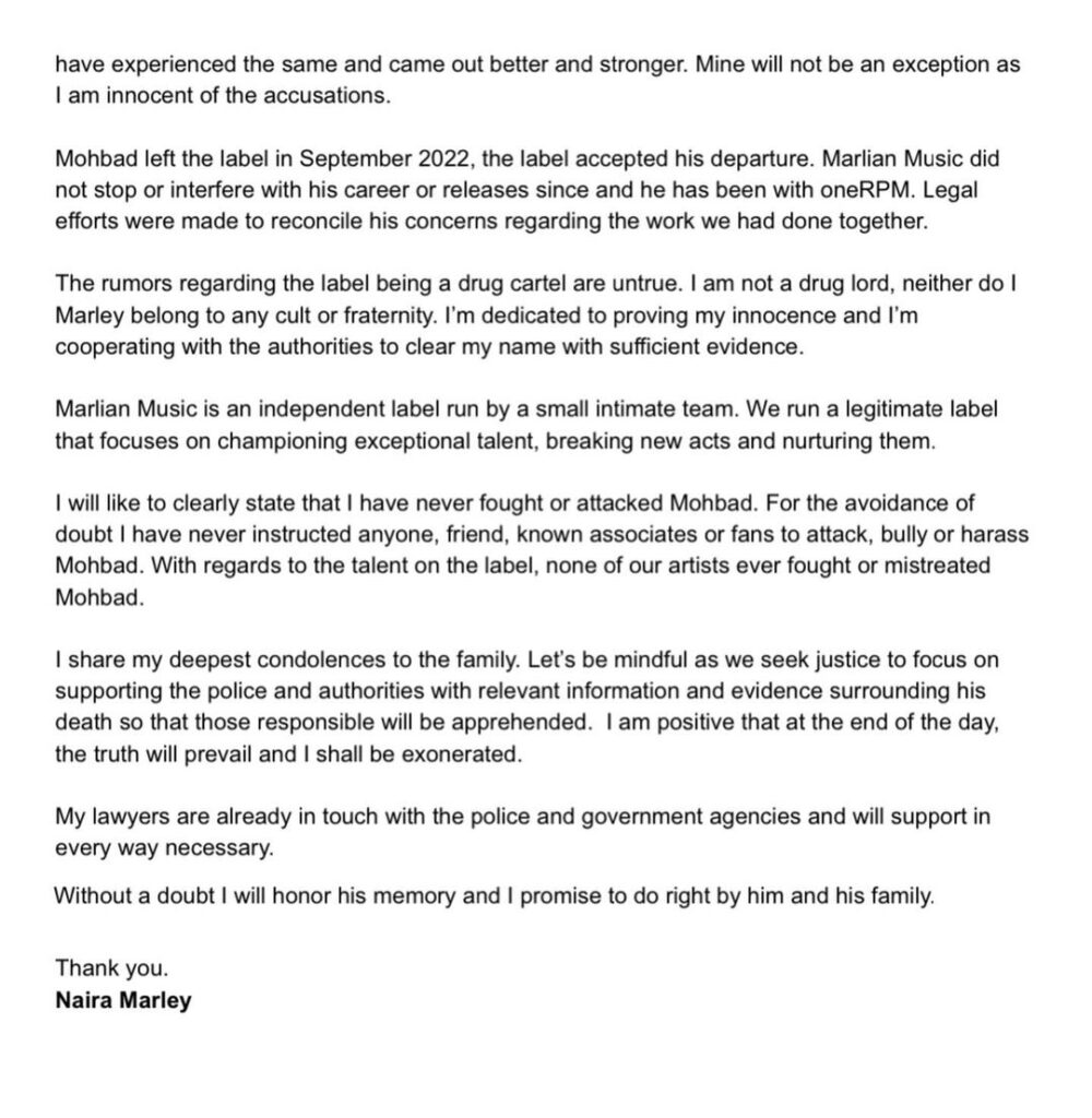 Naira Marley's letter saying Mohbad's death is normal. 